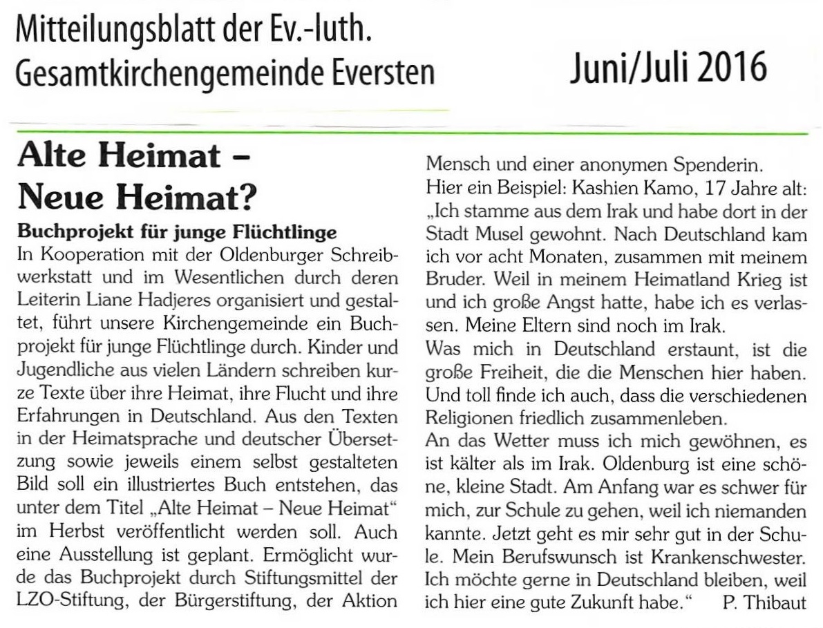 Mitteilungsblatt der Ev.-luth Gesamtkirchengemeinde Eversten Juni/Juli 2016