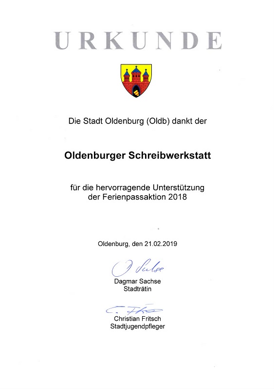 Urkunde Ferienpassaktion Stadt Oldenburg 2018